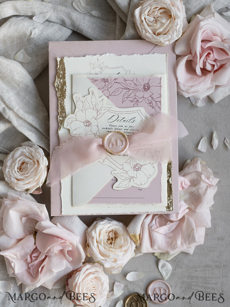 Vintage Floral Crest Monogram Blush Wedding Invitation with chiffon torn bow, French Provence Garden Elegant Floral Wedding Invitation suite Deckled Torn edges , Elegant Toile de Jouy & Baroque Invitation set-1