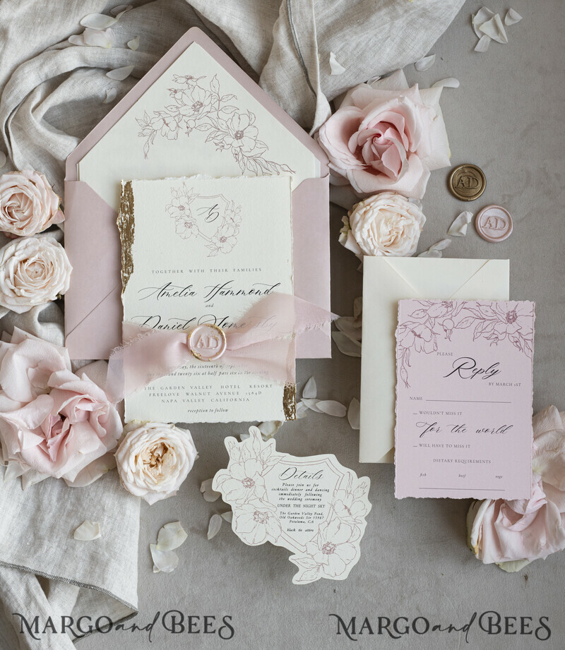 Vintage Floral Crest Monogram Blush Wedding Invitation with chiffon torn bow, French Provence Garden Elegant Floral Wedding Invitation suite Deckled Torn edges , Elegant Toile de Jouy & Baroque Invitation set-11