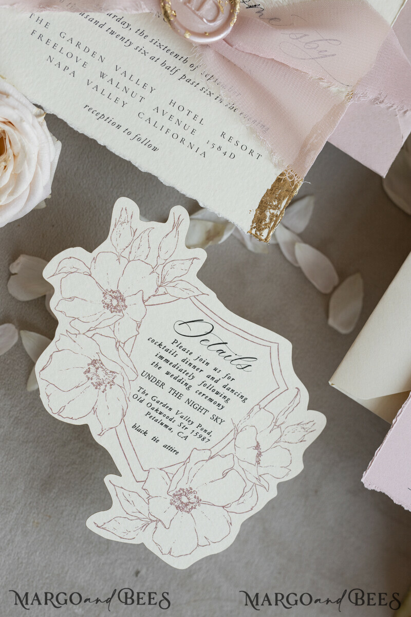 Vintage Floral Crest Monogram Blush Wedding Invitation with chiffon torn bow, French Provence Garden Elegant Floral Wedding Invitation suite Deckled Torn edges , Elegant Toile de Jouy & Baroque Invitation set-12