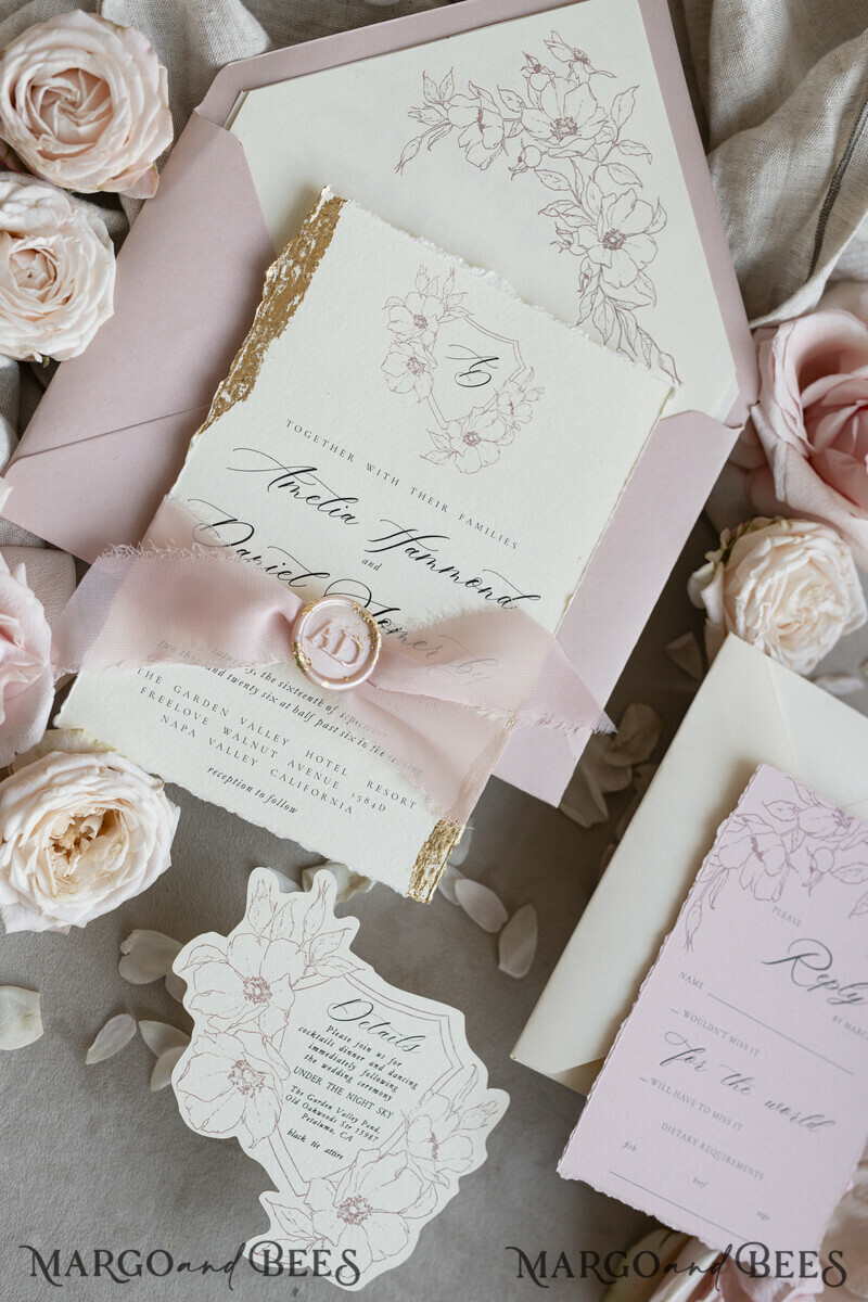 Vintage Floral Crest Monogram Blush Wedding Invitation with chiffon torn bow, French Provence Garden Elegant Floral Wedding Invitation suite Deckled Torn edges , Elegant Toile de Jouy & Baroque Invitation set-13