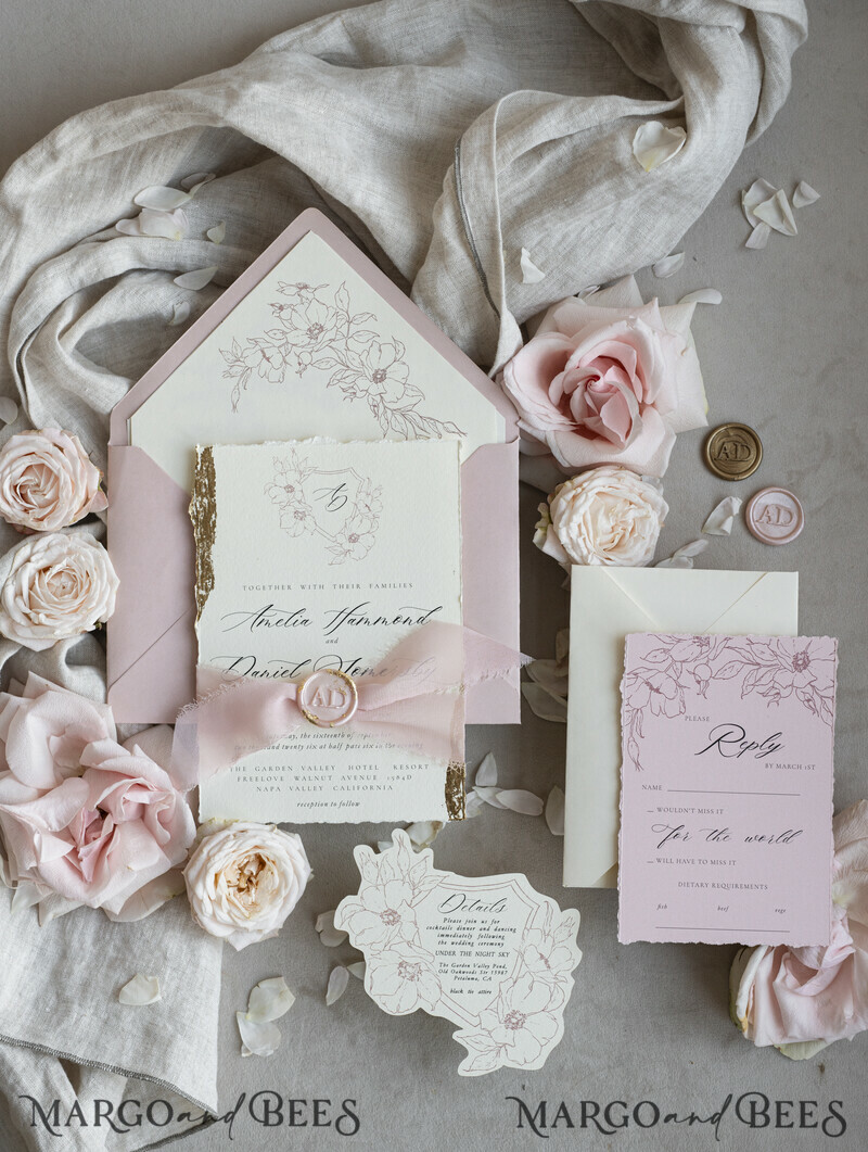 Vintage Floral Crest Monogram Blush Wedding Invitation with chiffon torn bow, French Provence Garden Elegant Floral Wedding Invitation suite Deckled Torn edges , Elegant Toile de Jouy & Baroque Invitation set-14