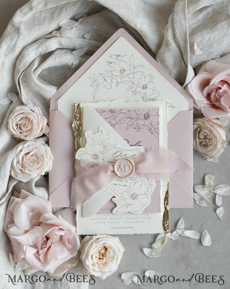 Vintage Floral Crest Monogram Blush Wedding Invitation with chiffon torn bow, French Provence Garden Elegant Floral Wedding Invitation suite Deckled Torn edges , Elegant Toile de Jouy & Baroque Invitation set-15