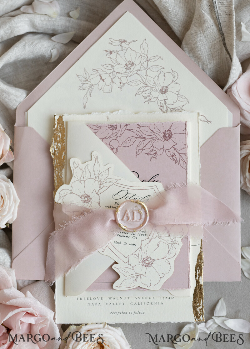 Vintage Floral Crest Monogram Blush Wedding Invitation with chiffon torn bow, French Provence Garden Elegant Floral Wedding Invitation suite Deckled Torn edges , Elegant Toile de Jouy & Baroque Invitation set-16