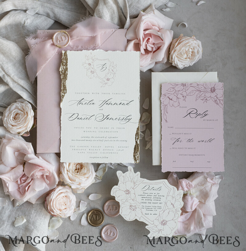 Vintage Floral Crest Monogram Blush Wedding Invitation with chiffon torn bow, French Provence Garden Elegant Floral Wedding Invitation suite Deckled Torn edges , Elegant Toile de Jouy & Baroque Invitation set-3