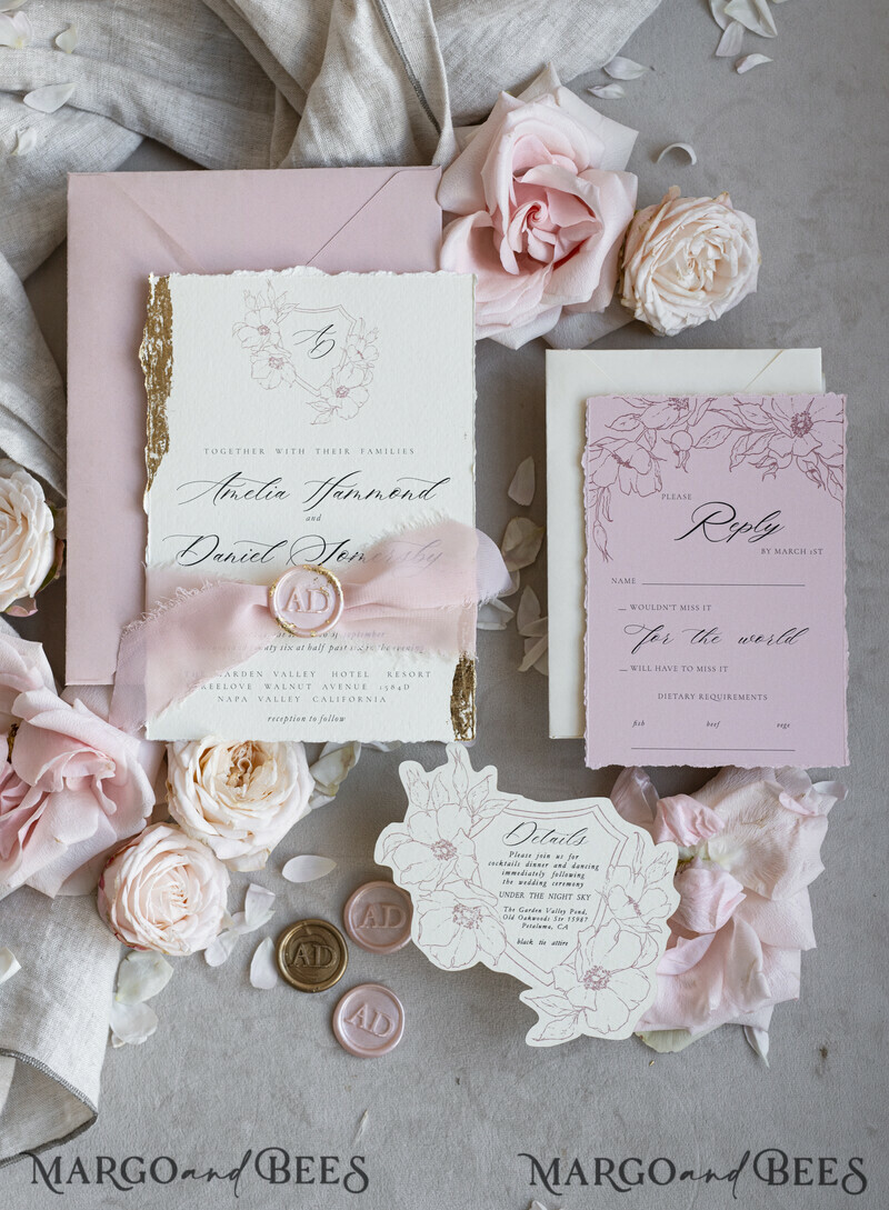 Vintage Floral Crest Monogram Blush Wedding Invitation with chiffon torn bow, French Provence Garden Elegant Floral Wedding Invitation suite Deckled Torn edges , Elegant Toile de Jouy & Baroque Invitation set-5