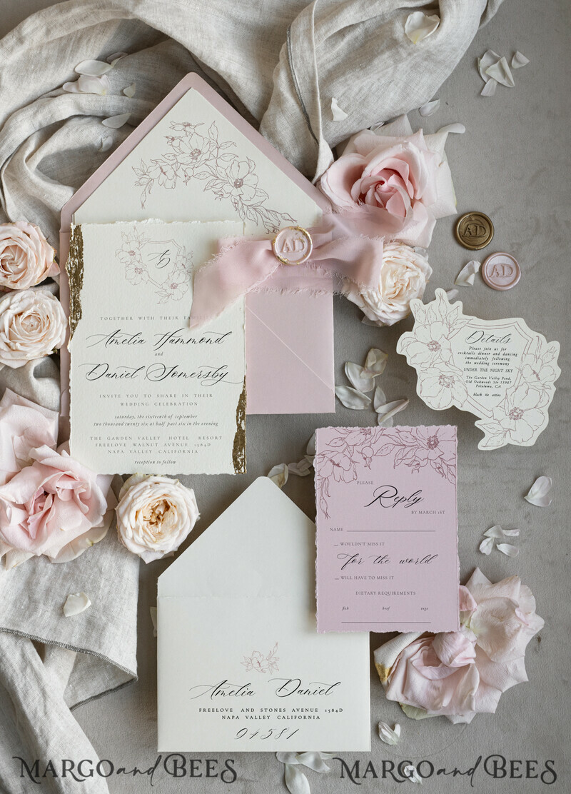 Vintage Floral Crest Monogram Blush Wedding Invitation with chiffon torn bow, French Provence Garden Elegant Floral Wedding Invitation suite Deckled Torn edges , Elegant Toile de Jouy & Baroque Invitation set-6