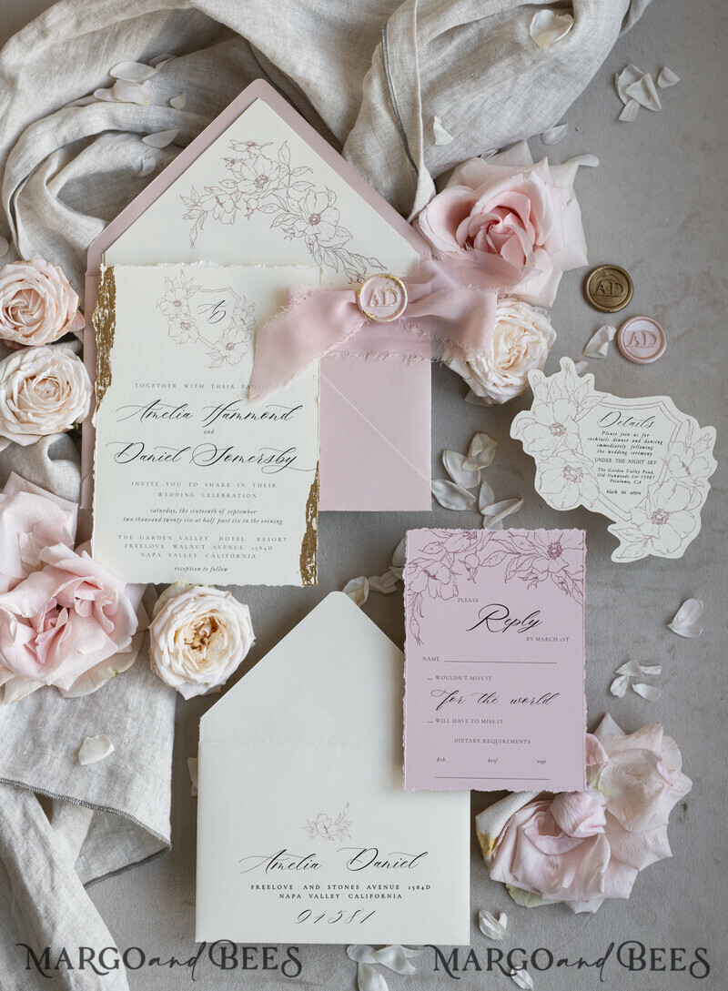 Vintage Floral Crest Monogram Blush Wedding Invitation with chiffon torn bow, French Provence Garden Elegant Floral Wedding Invitation suite Deckled Torn edges , Elegant Toile de Jouy & Baroque Invitation set-7