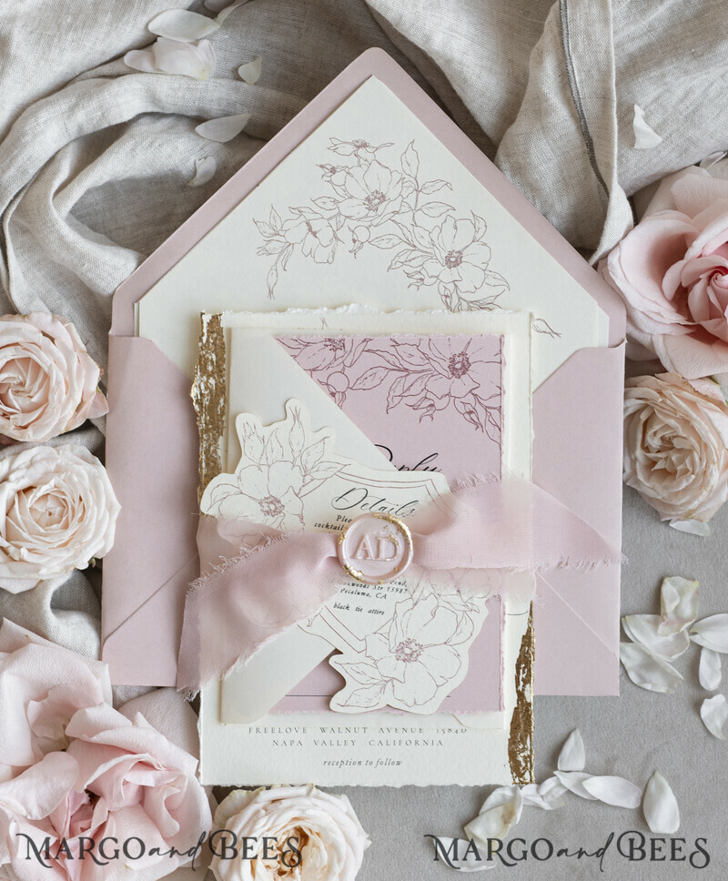 Vintage Floral Crest Monogram Blush Wedding Invitation with chiffon torn bow, French Provence Garden Elegant Floral Wedding Invitation suite Deckled Torn edges , Elegant Toile de Jouy & Baroque Invitation set-0