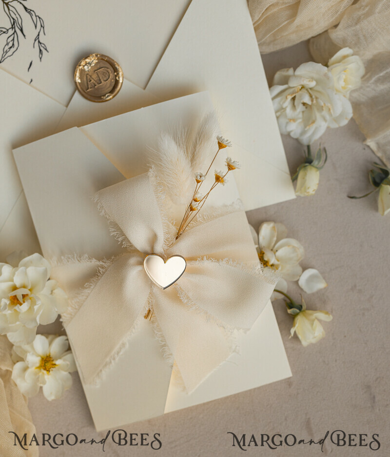 Folder Ivory Gold Wedding Invitation with chiffon torn bow and natural dried flowers , Golden Elegant Roses Floral Wedding Invitation with golden mirror heart-1