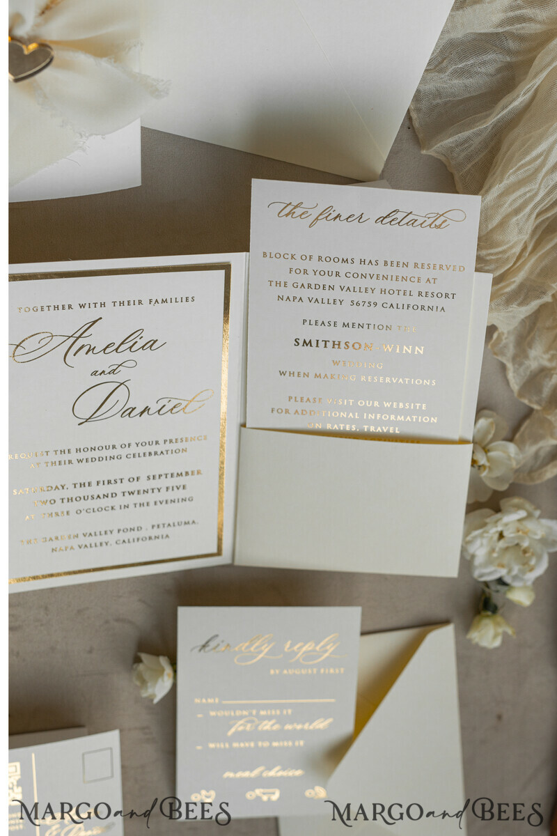 Folder Ivory Gold Wedding Invitation with chiffon torn bow and natural dried flowers , Golden Elegant Roses Floral Wedding Invitation with golden mirror heart-11