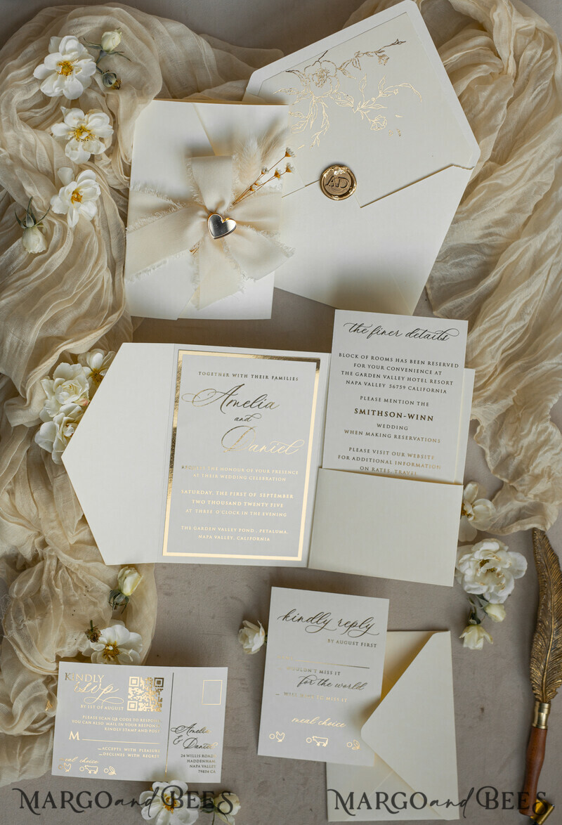 Folder Ivory Gold Wedding Invitation with chiffon torn bow and natural dried flowers , Golden Elegant Roses Floral Wedding Invitation with golden mirror heart-12