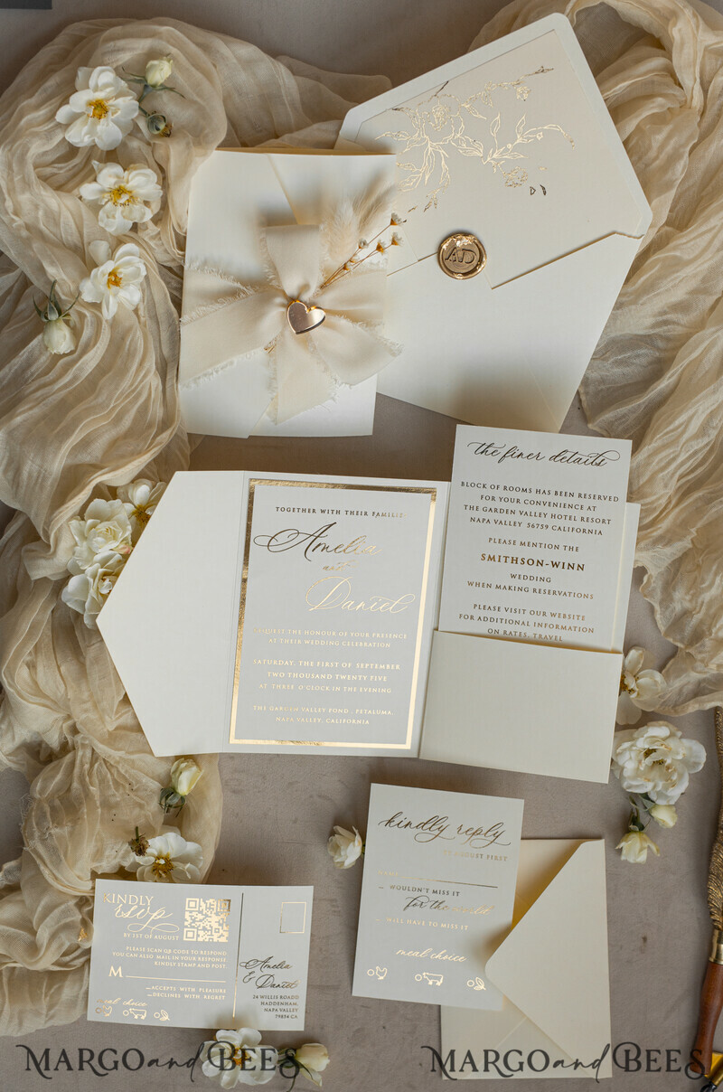 Folder Ivory Gold Wedding Invitation with chiffon torn bow and natural dried flowers , Golden Elegant Roses Floral Wedding Invitation with golden mirror heart-13