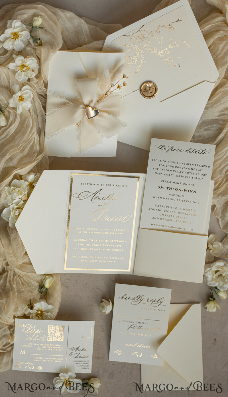 Folder Ivory Gold Wedding Invitation with chiffon torn bow and natural dried flowers , Golden Elegant Roses Floral Wedding Invitation with golden mirror heart-14