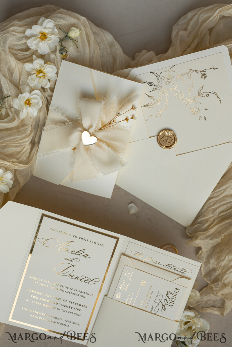 Folder Ivory Gold Wedding Invitation with chiffon torn bow and natural dried flowers , Golden Elegant Roses Floral Wedding Invitation with golden mirror heart-15