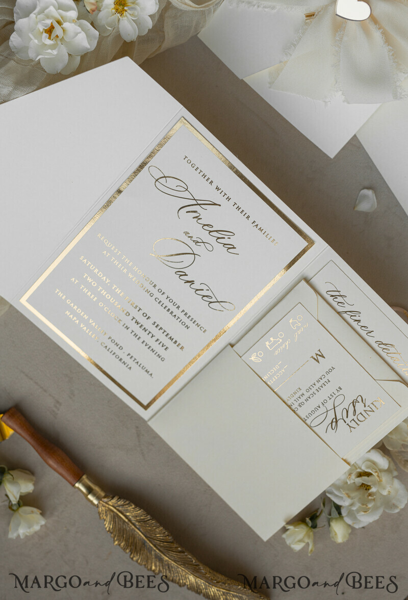 Folder Ivory Gold Wedding Invitation with chiffon torn bow and natural dried flowers , Golden Elegant Roses Floral Wedding Invitation with golden mirror heart-16