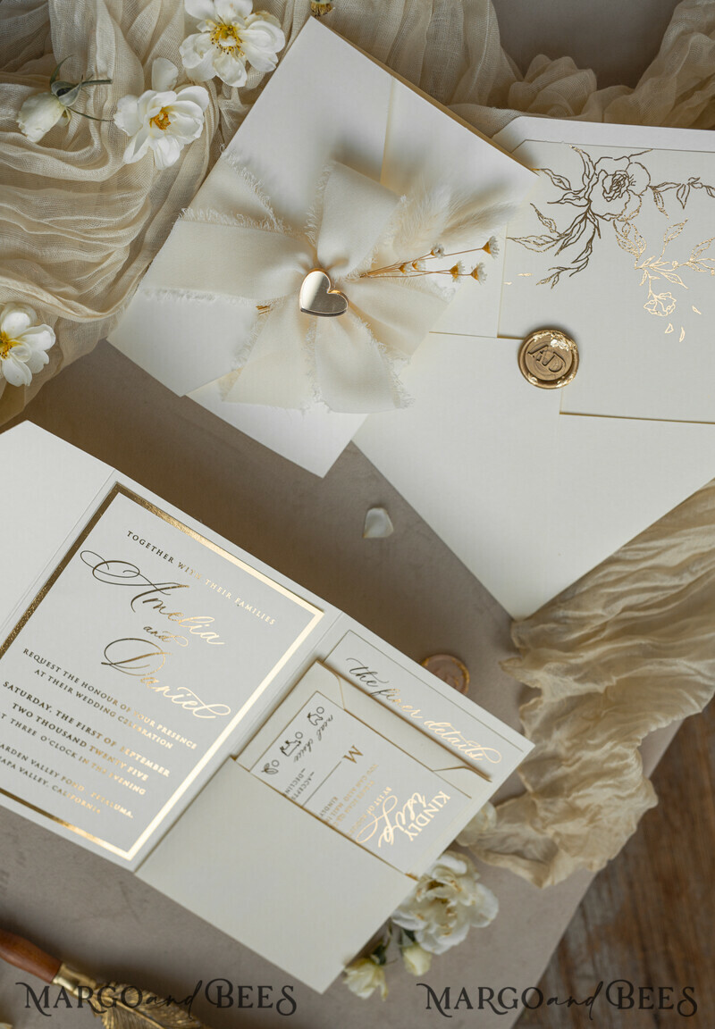 Folder Ivory Gold Wedding Invitation with chiffon torn bow and natural dried flowers , Golden Elegant Roses Floral Wedding Invitation with golden mirror heart-17