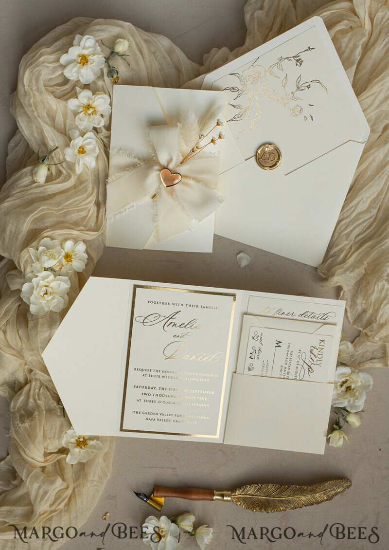 Folder Ivory Gold Wedding Invitation with chiffon torn bow and natural dried flowers , Golden Elegant Roses Floral Wedding Invitation with golden mirror heart-18