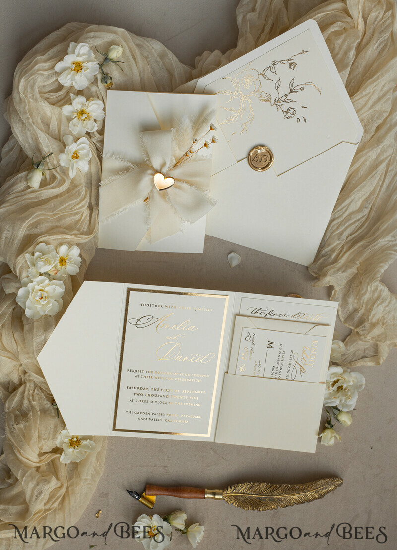 Folder Ivory Gold Wedding Invitation with chiffon torn bow and natural dried flowers , Golden Elegant Roses Floral Wedding Invitation with golden mirror heart-19