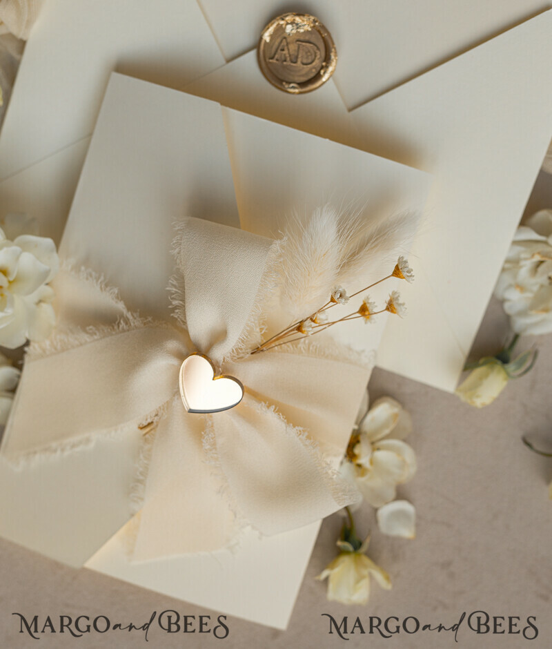 Folder Ivory Gold Wedding Invitation with chiffon torn bow and natural dried flowers , Golden Elegant Roses Floral Wedding Invitation with golden mirror heart-2