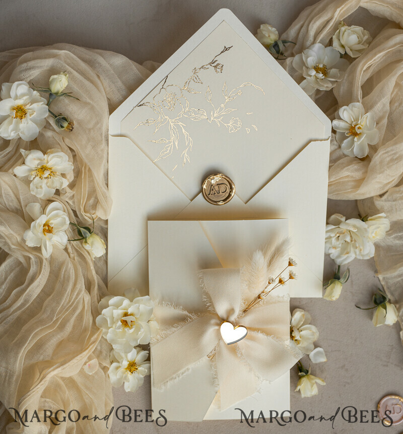 Folder Ivory Gold Wedding Invitation with chiffon torn bow and natural dried flowers , Golden Elegant Roses Floral Wedding Invitation with golden mirror heart-3