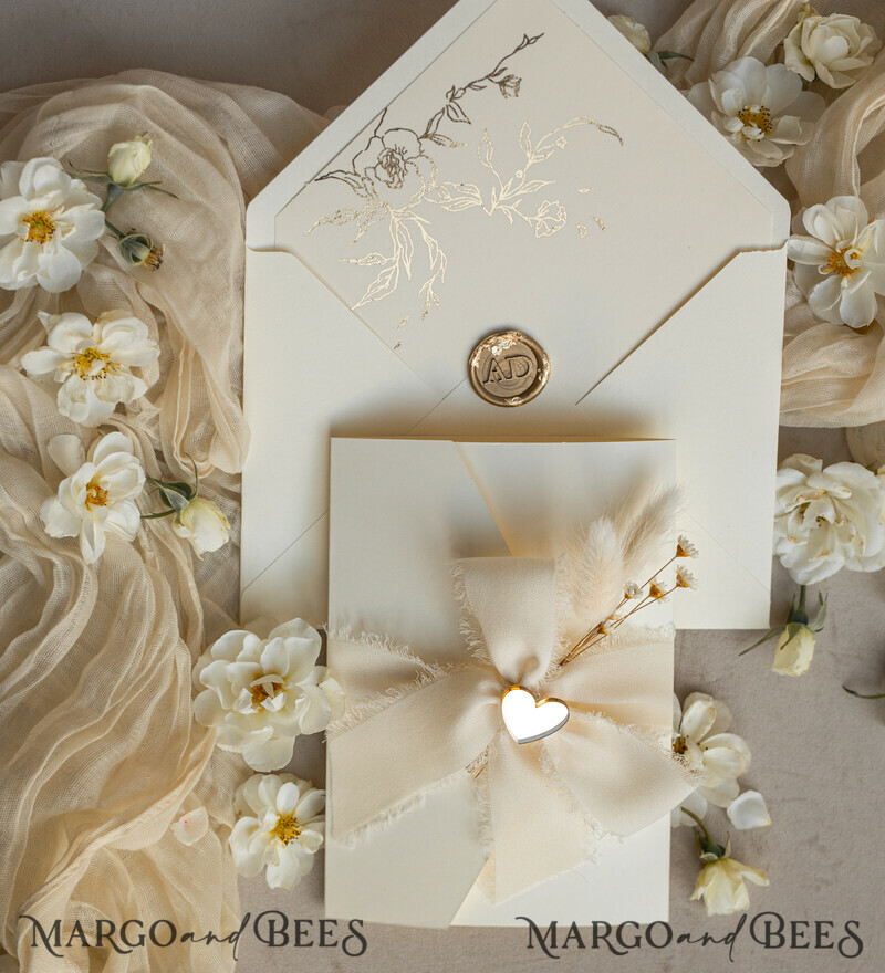 Folder Ivory Gold Wedding Invitation with chiffon torn bow and natural dried flowers , Golden Elegant Roses Floral Wedding Invitation with golden mirror heart-4