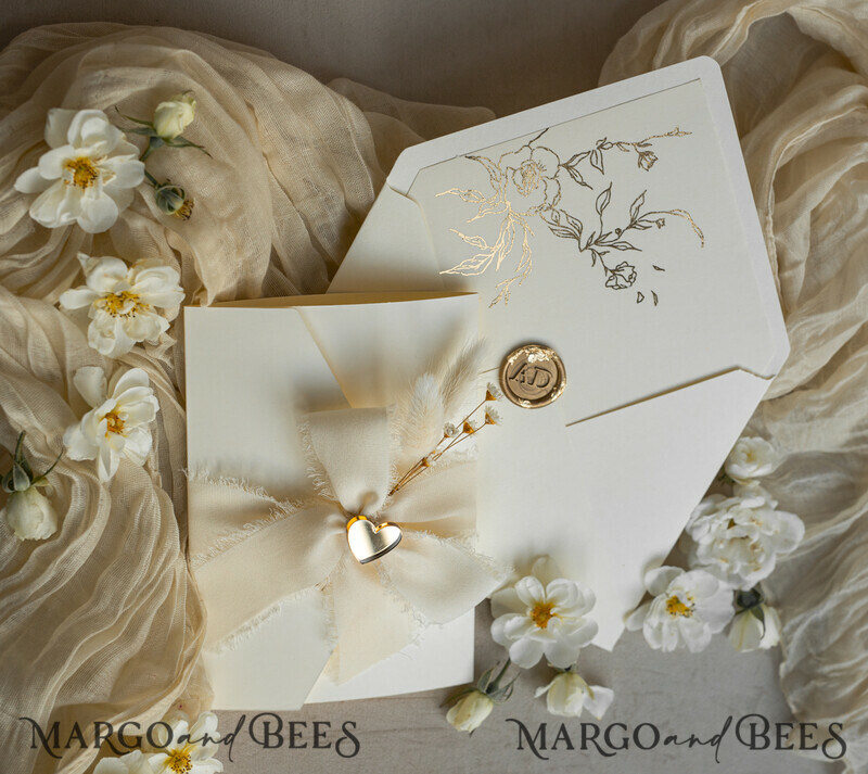 Folder Ivory Gold Wedding Invitation with chiffon torn bow and natural dried flowers , Golden Elegant Roses Floral Wedding Invitation with golden mirror heart-6