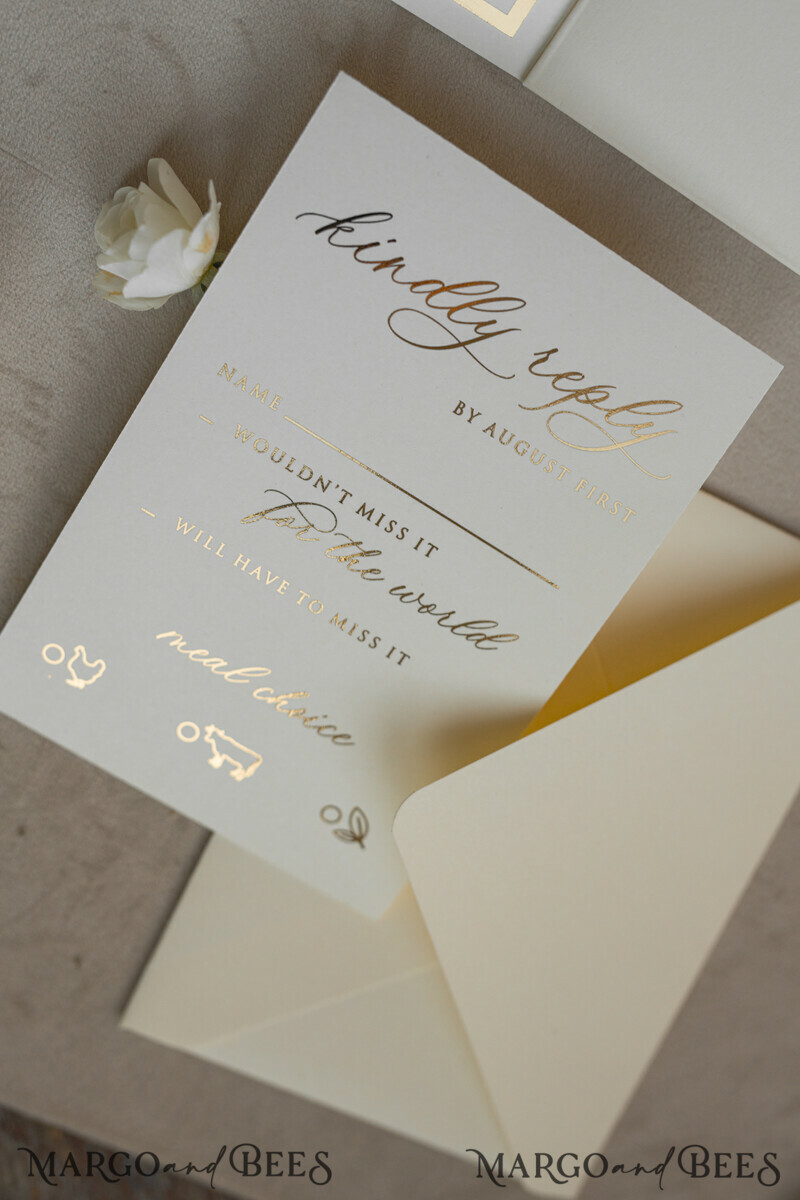 Folder Ivory Gold Wedding Invitation with chiffon torn bow and natural dried flowers , Golden Elegant Roses Floral Wedding Invitation with golden mirror heart-8