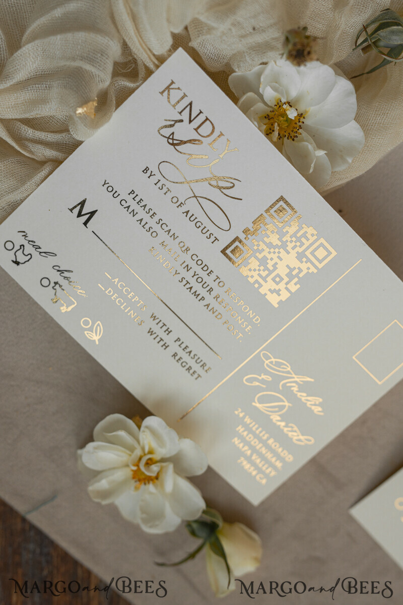 Folder Ivory Gold Wedding Invitation with chiffon torn bow and natural dried flowers , Golden Elegant Roses Floral Wedding Invitation with golden mirror heart-9