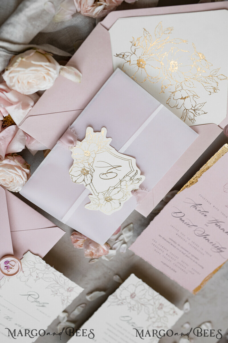 Vintage Floral Crest Monogram Blush Wedding Invitation with chiffon torn bow, French Provence Garden Elegant Floral Wedding Invitation suite Deckled Torn edges-13