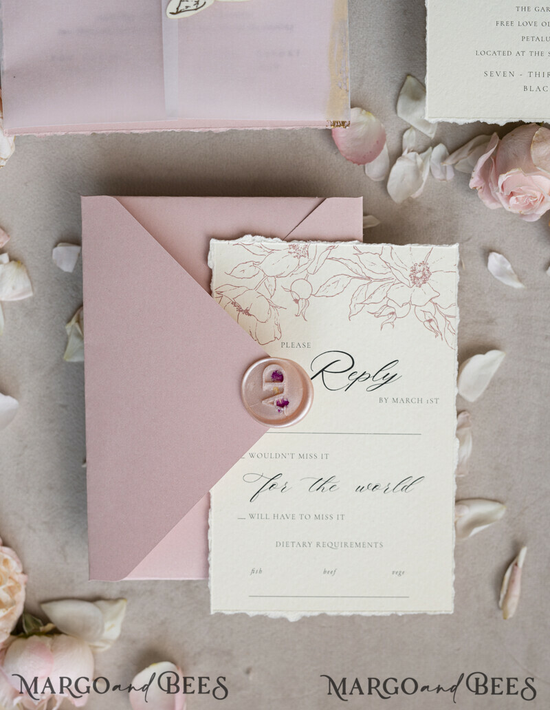 Vintage Floral Crest Monogram Blush Wedding Invitation with chiffon torn bow, French Provence Garden Elegant Floral Wedding Invitation suite Deckled Torn edges-21