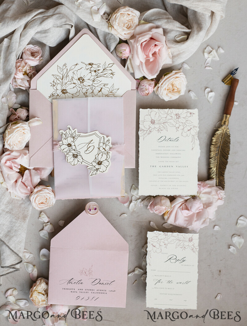 Vintage Floral Crest Monogram Blush Wedding Invitation with chiffon torn bow, French Provence Garden Elegant Floral Wedding Invitation suite Deckled Torn edges-24