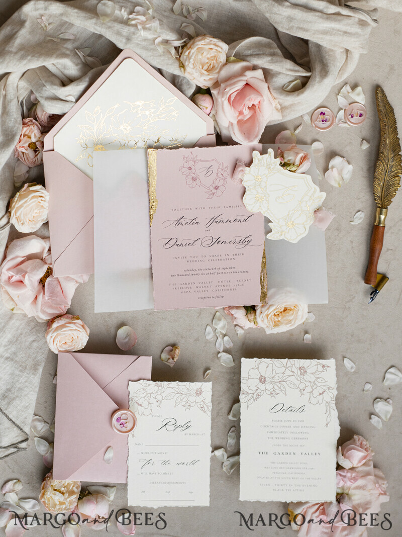 Vintage Floral Crest Monogram Blush Wedding Invitation with chiffon torn bow, French Provence Garden Elegant Floral Wedding Invitation suite Deckled Torn edges-8