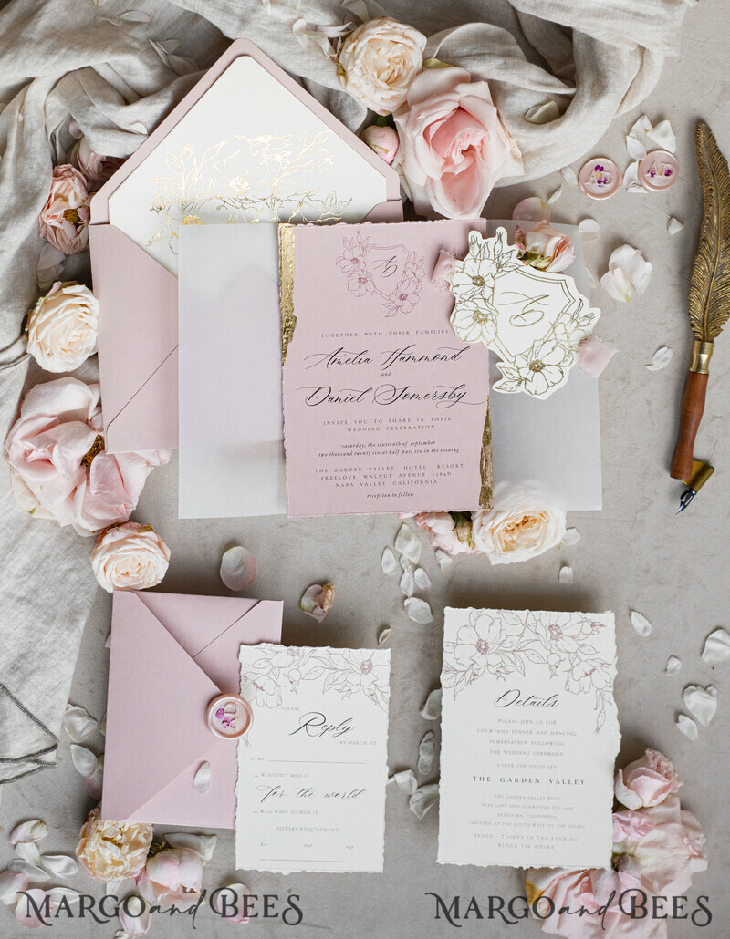 Vintage Floral Crest Monogram Blush Wedding Invitation with chiffon torn bow, French Provence Garden Elegant Floral Wedding Invitation suite Deckled Torn edges-9