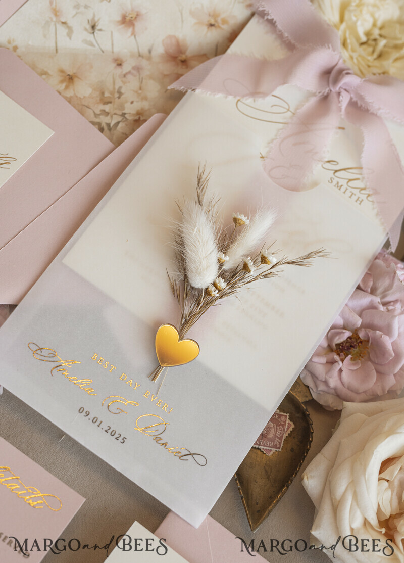 Whimsical Blush Gold Wedding Invitation with vellum etui natural dierd flowers pampass gras, Garden Elegant Floral Wedding Invitation with mirror gold heart-10