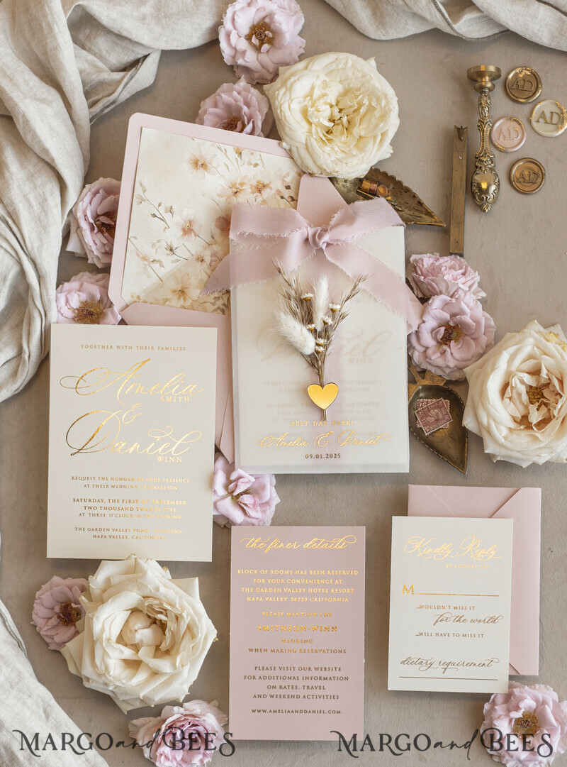 Whimsical Blush Gold Wedding Invitation with vellum etui natural dierd flowers pampass gras, Garden Elegant Floral Wedding Invitation with mirror gold heart-11