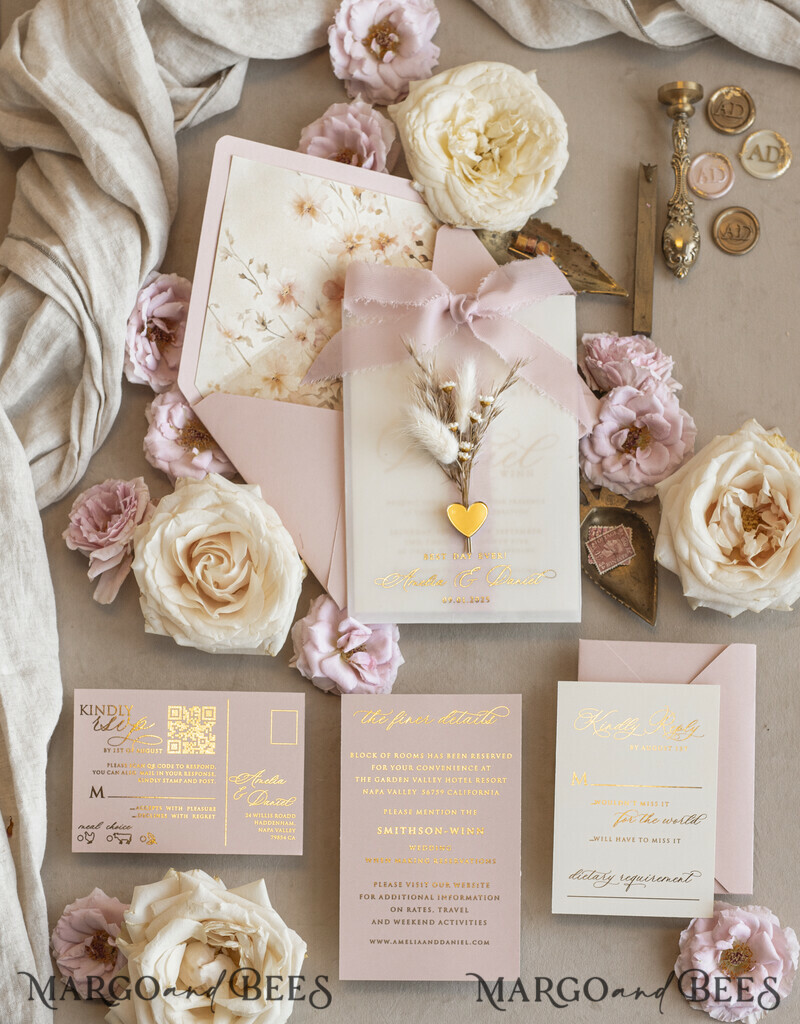 Whimsical Blush Gold Wedding Invitation with vellum etui natural dierd flowers pampass gras, Garden Elegant Floral Wedding Invitation with mirror gold heart-12