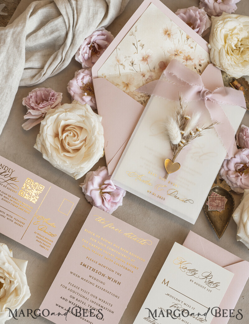 Whimsical Blush Gold Wedding Invitation with vellum etui natural dierd flowers pampass gras, Garden Elegant Floral Wedding Invitation with mirror gold heart-14