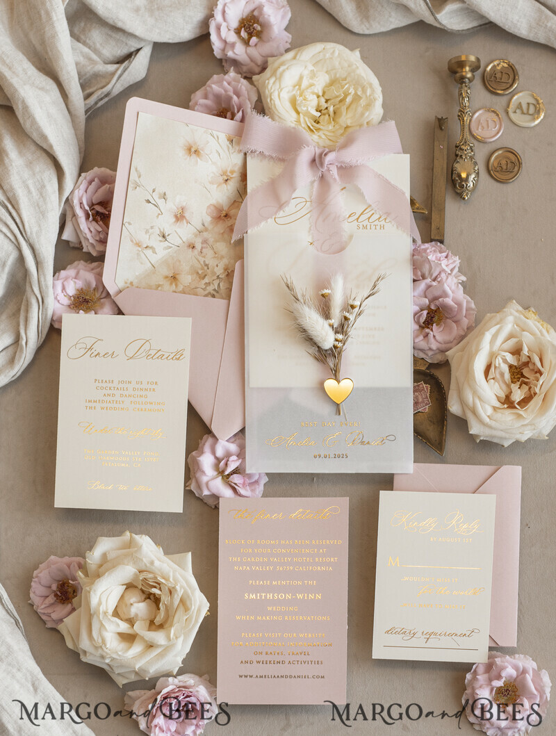 Whimsical Blush Gold Wedding Invitation with vellum etui natural dierd flowers pampass gras, Garden Elegant Floral Wedding Invitation with mirror gold heart-6