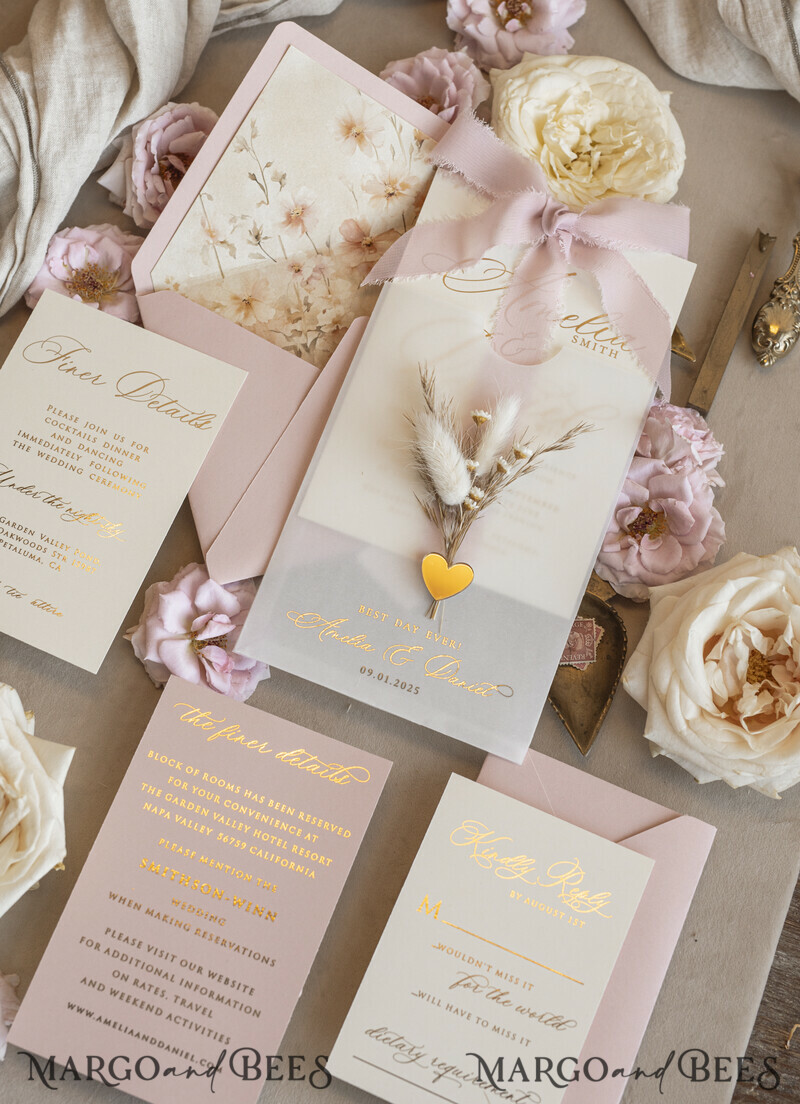 Whimsical Blush Gold Wedding Invitation with vellum etui natural dierd flowers pampass gras, Garden Elegant Floral Wedding Invitation with mirror gold heart-7