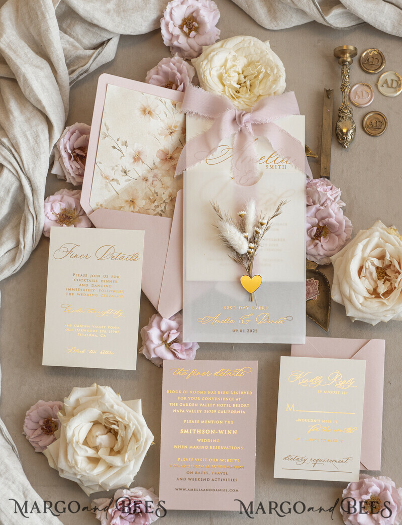 Whimsical Blush Gold Wedding Invitation with vellum etui natural dierd flowers pampass gras, Garden Elegant Floral Wedding Invitation with mirror gold heart-9