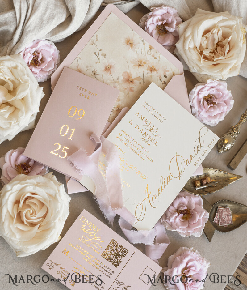 Whimsical Blush Gold Wedding Invitation with chiffon bow, Garden Elegant Floral Wedding Invitation-1