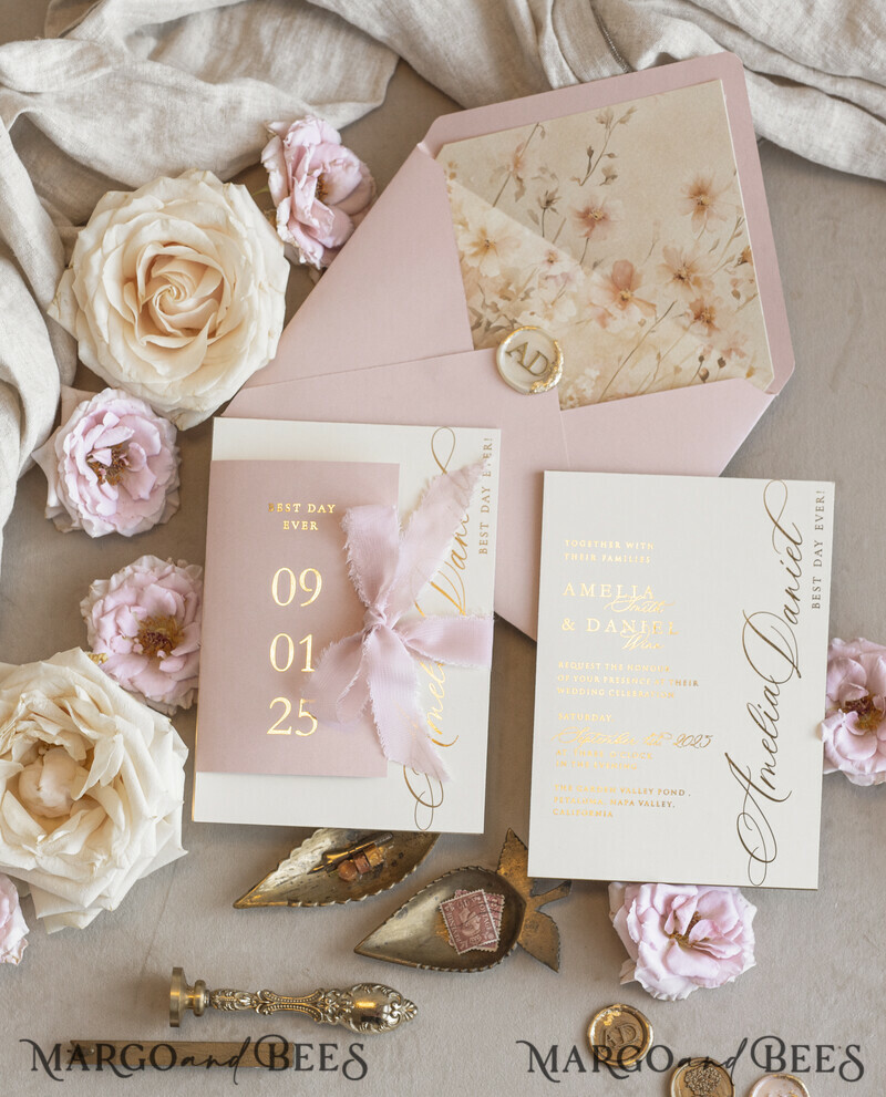 Whimsical Blush Gold Wedding Invitation with chiffon bow, Garden Elegant Floral Wedding Invitation-10