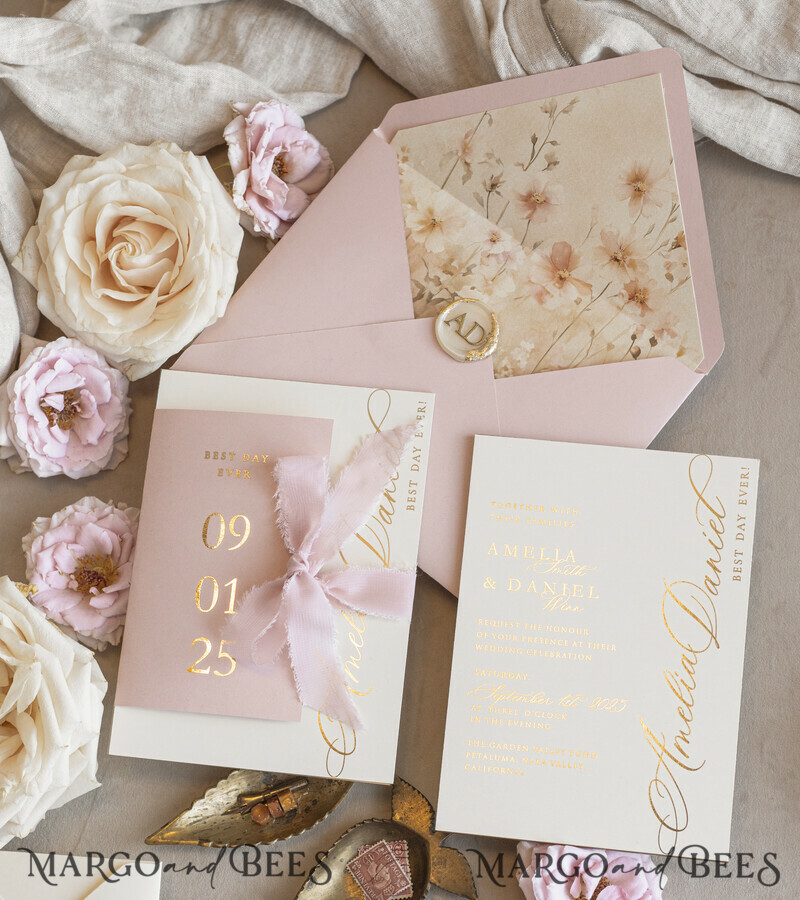 Whimsical Blush Gold Wedding Invitation with chiffon bow, Garden Elegant Floral Wedding Invitation-11