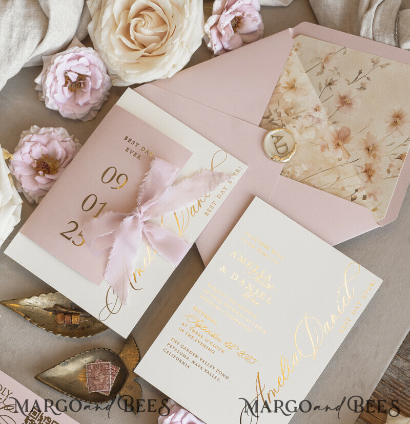 Whimsical Blush Gold Wedding Invitation with chiffon bow, Garden Elegant Floral Wedding Invitation-12