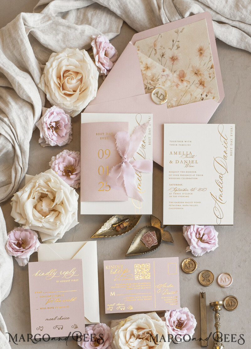 Whimsical Blush Gold Wedding Invitation with chiffon bow, Garden Elegant Floral Wedding Invitation-13