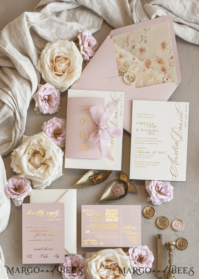 Whimsical Blush Gold Wedding Invitation with chiffon bow, Garden Elegant Floral Wedding Invitation-14