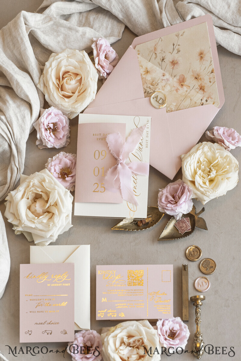 Whimsical Blush Gold Wedding Invitation with chiffon bow, Garden Elegant Floral Wedding Invitation-16