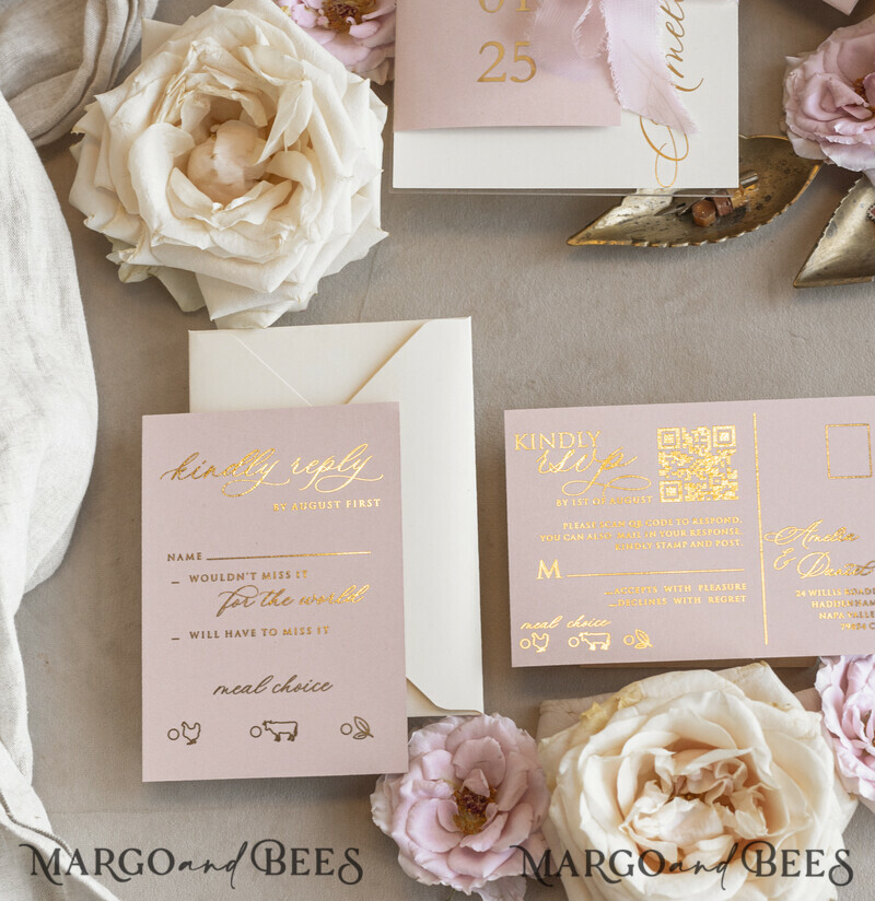 Whimsical Blush Gold Wedding Invitation with chiffon bow, Garden Elegant Floral Wedding Invitation-17