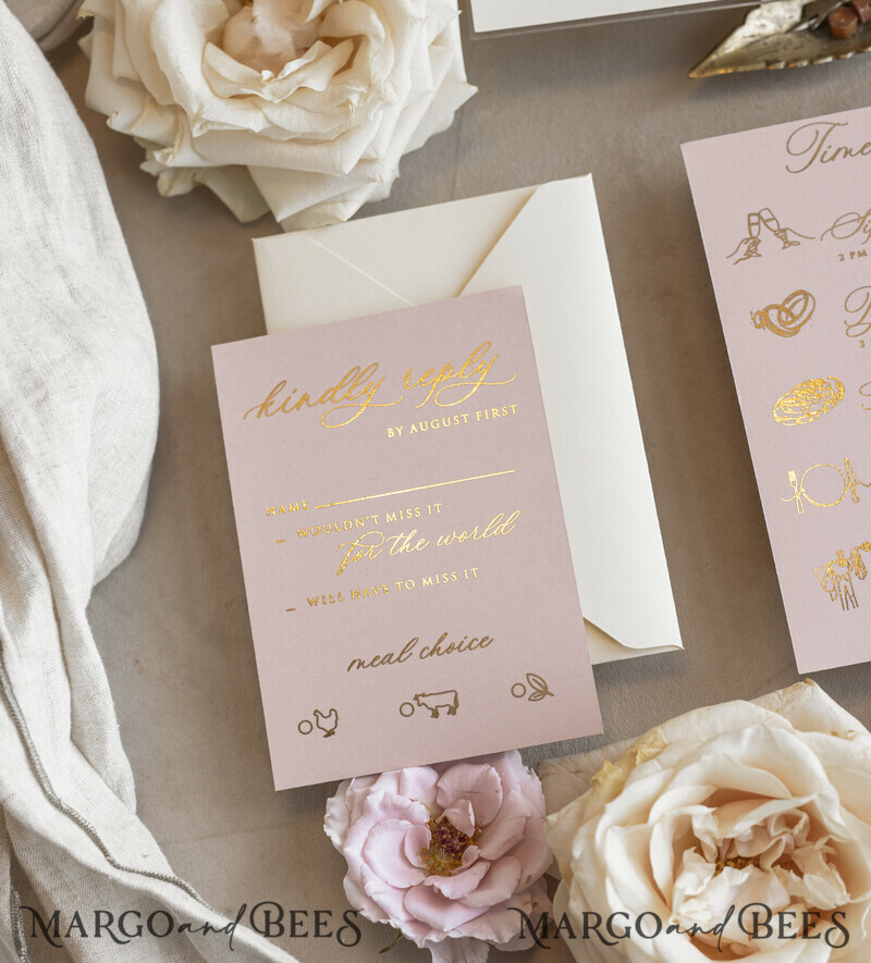 Whimsical Blush Gold Wedding Invitation with chiffon bow, Garden Elegant Floral Wedding Invitation-18