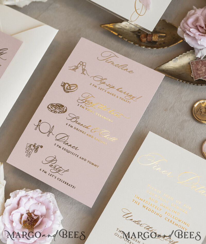 Whimsical Blush Gold Wedding Invitation with chiffon bow, Garden Elegant Floral Wedding Invitation-19